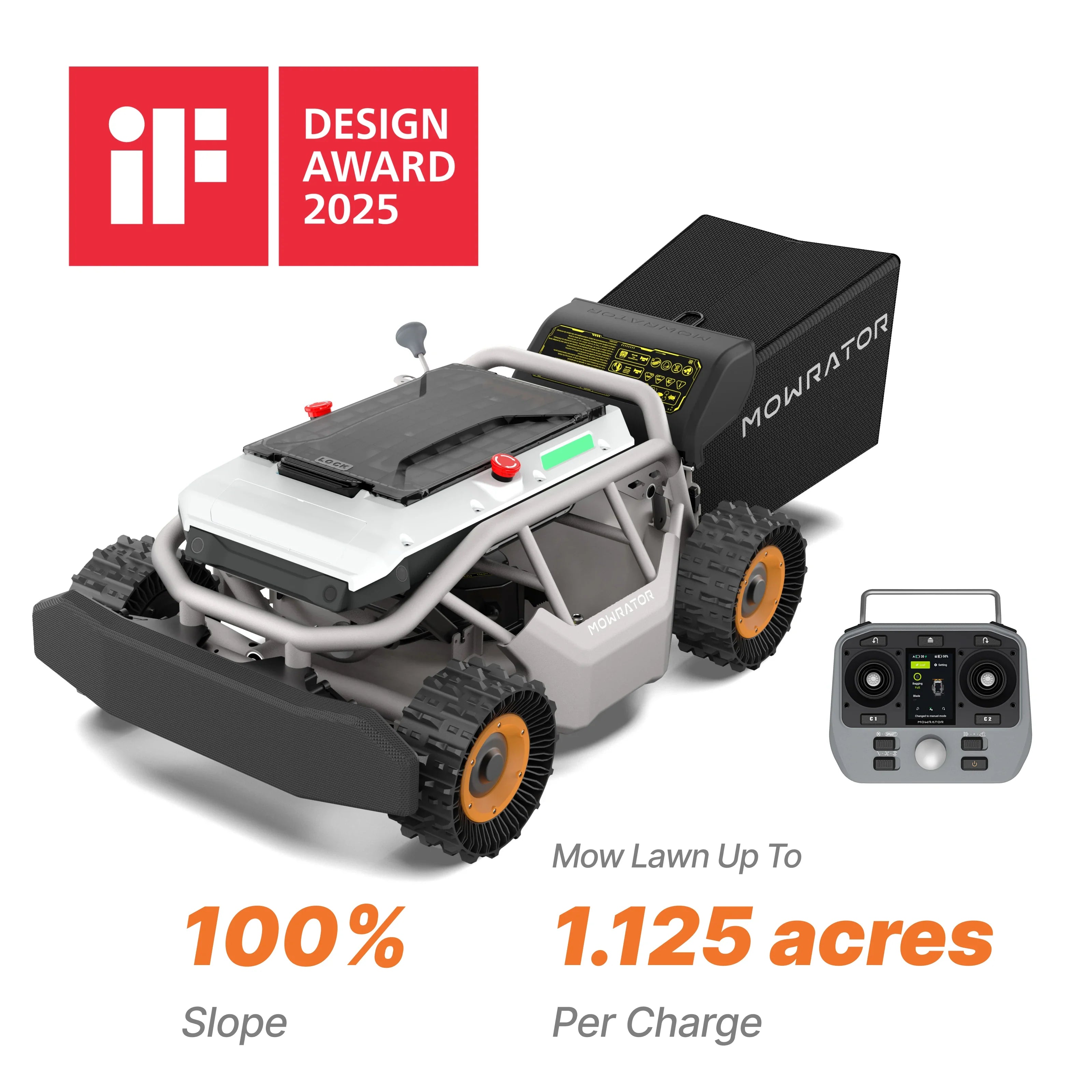 Mowrator S1 4WD 100% Slope Remote Control Lawn Mower with Leaf Shredding Vacuum (Deformable Tires)