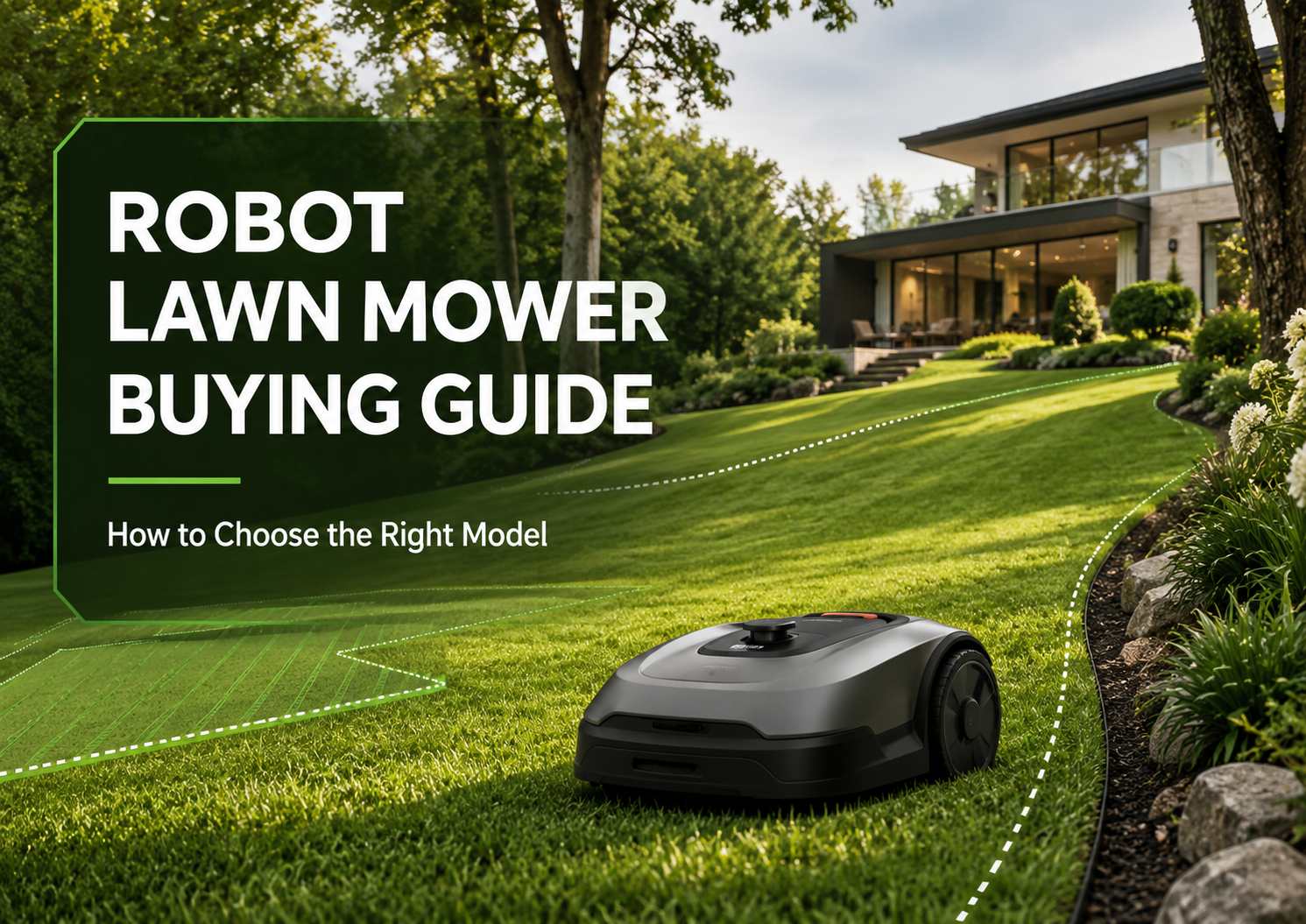 Robot lawn mower operating in a large residential yard for a robot lawn mower buying guide